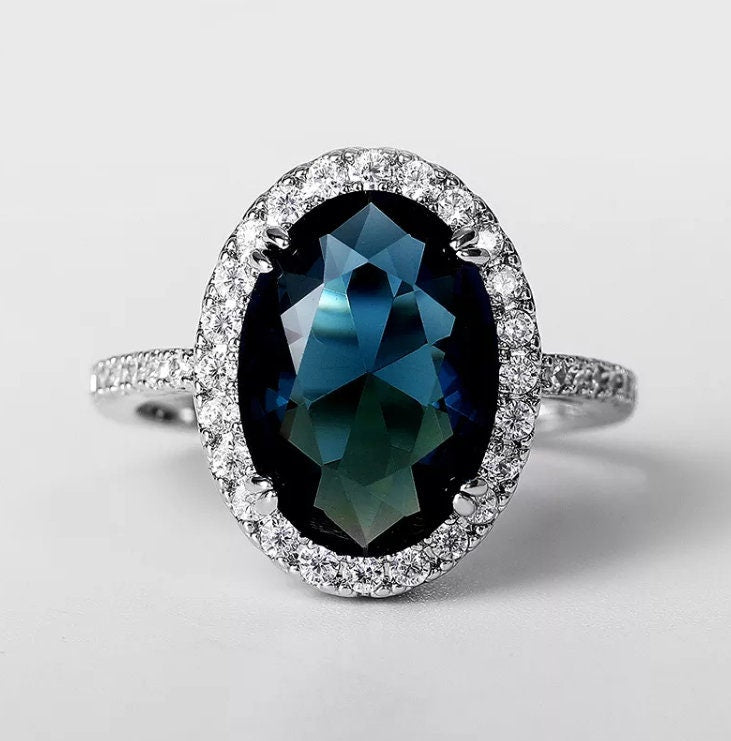 Blue Diamond Engagement Ring | Oval Wedding Ring | Wedding Ring | Blue Wedding Ring | Halo Ring | Sapphire Blue Diamond Ring | Diana Ring