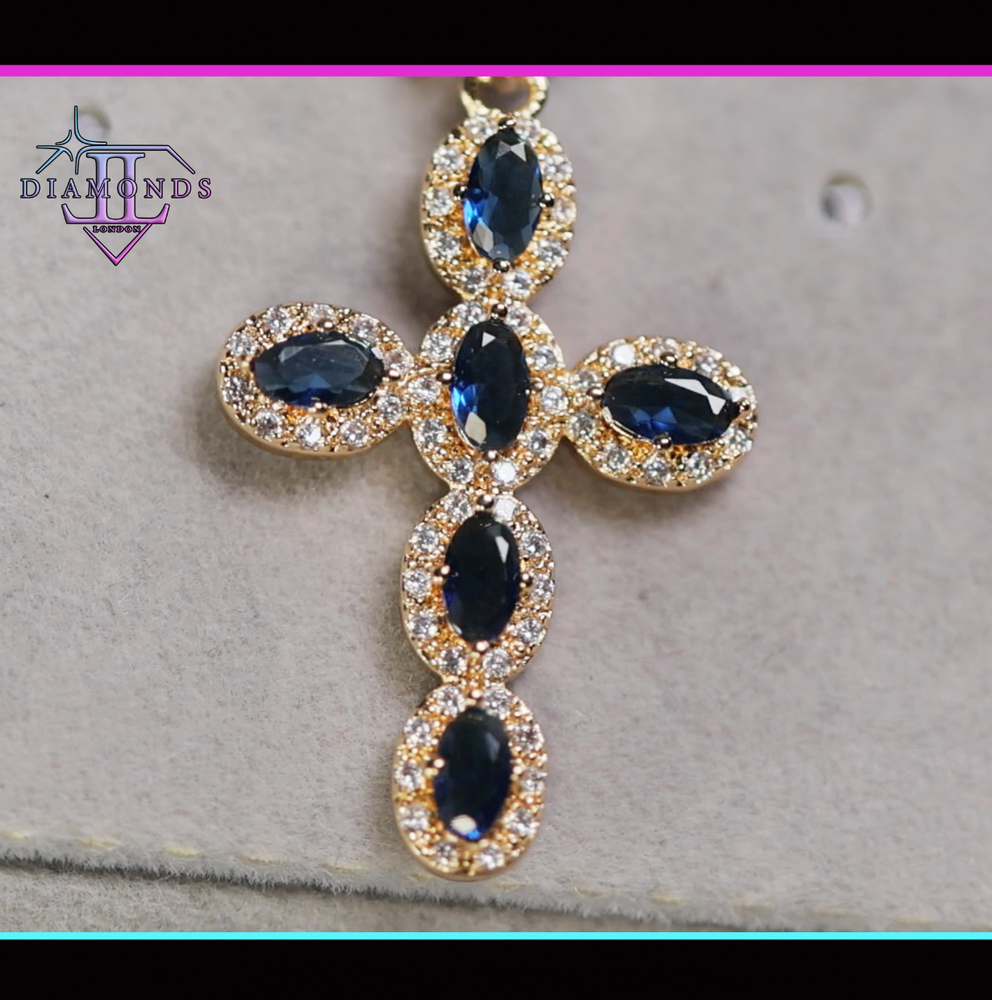Gold Blue Diamond Cross Pendant