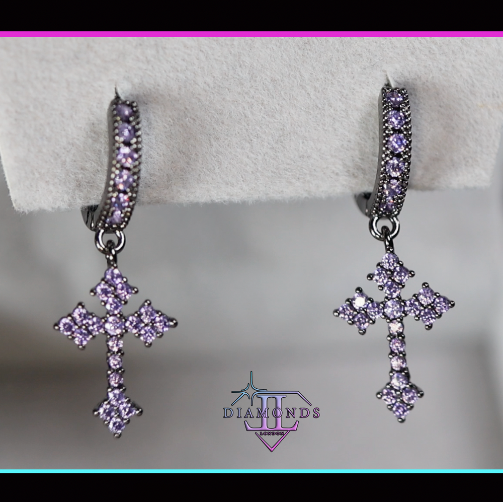 Purple Diamond Cross Earrings 
