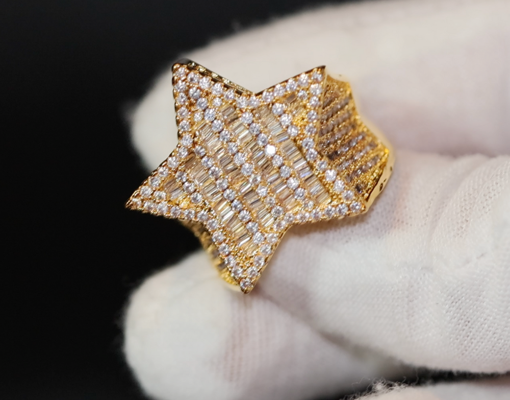
            
                Load image into Gallery viewer, Iced out ring | Star Ring | Diamond Star Ring | Star Shaped ring | Star Rings | Iced Out Star Ring | Baguette Star Ring | Gold Star Ring
            
        