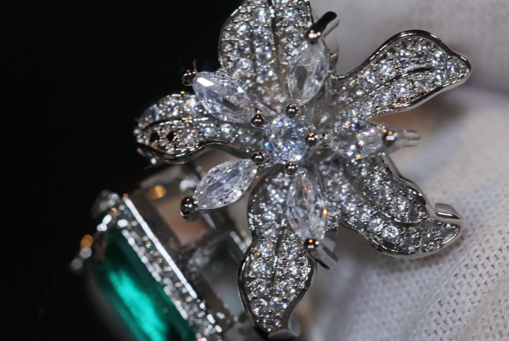 Big Green Diamond Ring | Womens Promise Rings | Green diamond flower ring