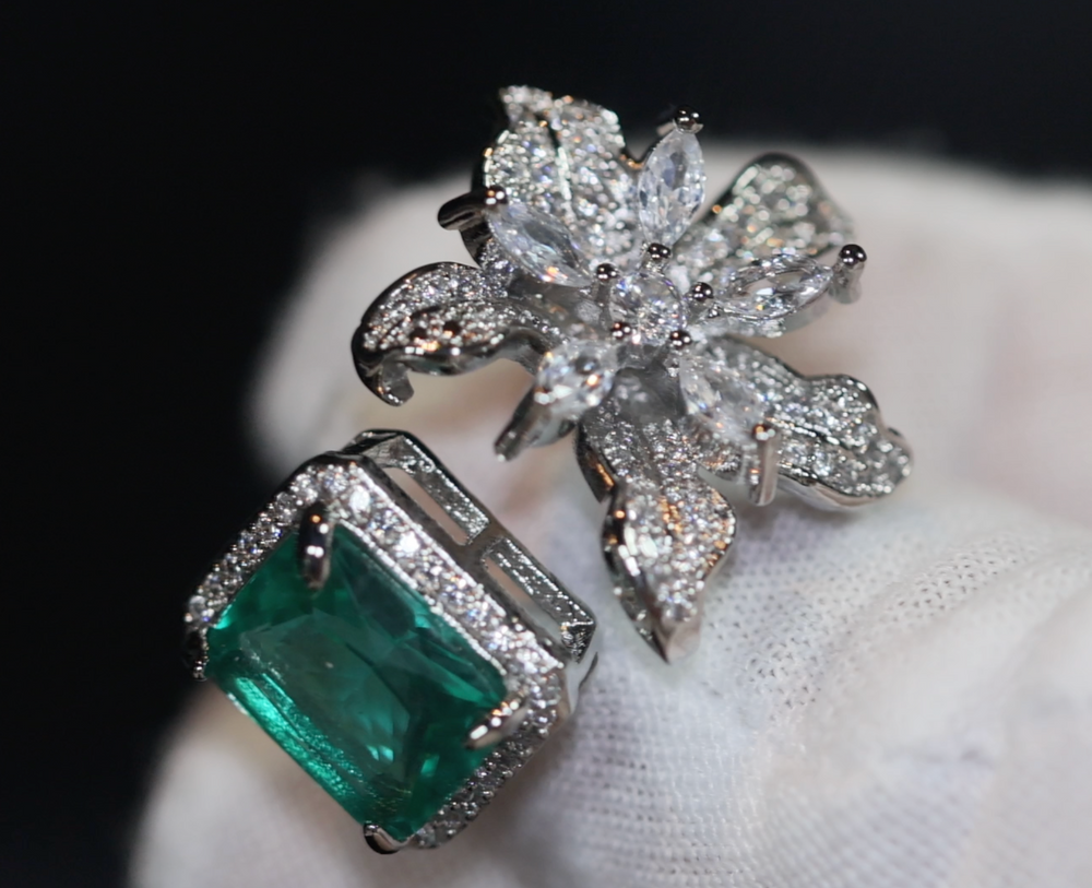 Big Green Diamond Ring | Womens Promise Rings | Green diamond flower ring