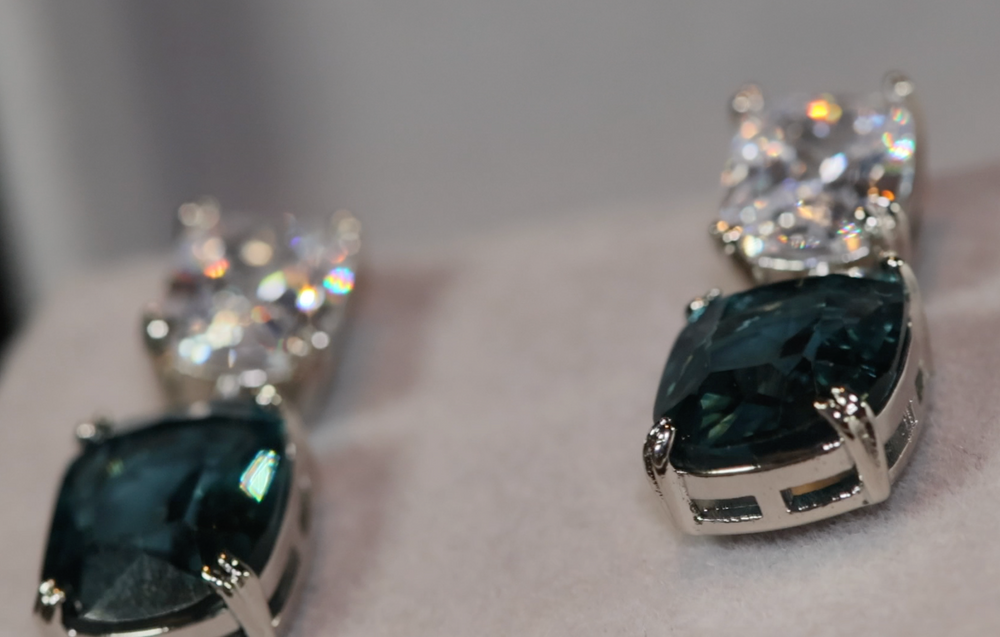 
            
                Load image into Gallery viewer, Teal blue diamond earrings | Green Diamond Earrings | Blue Diamond Earrings
            
        