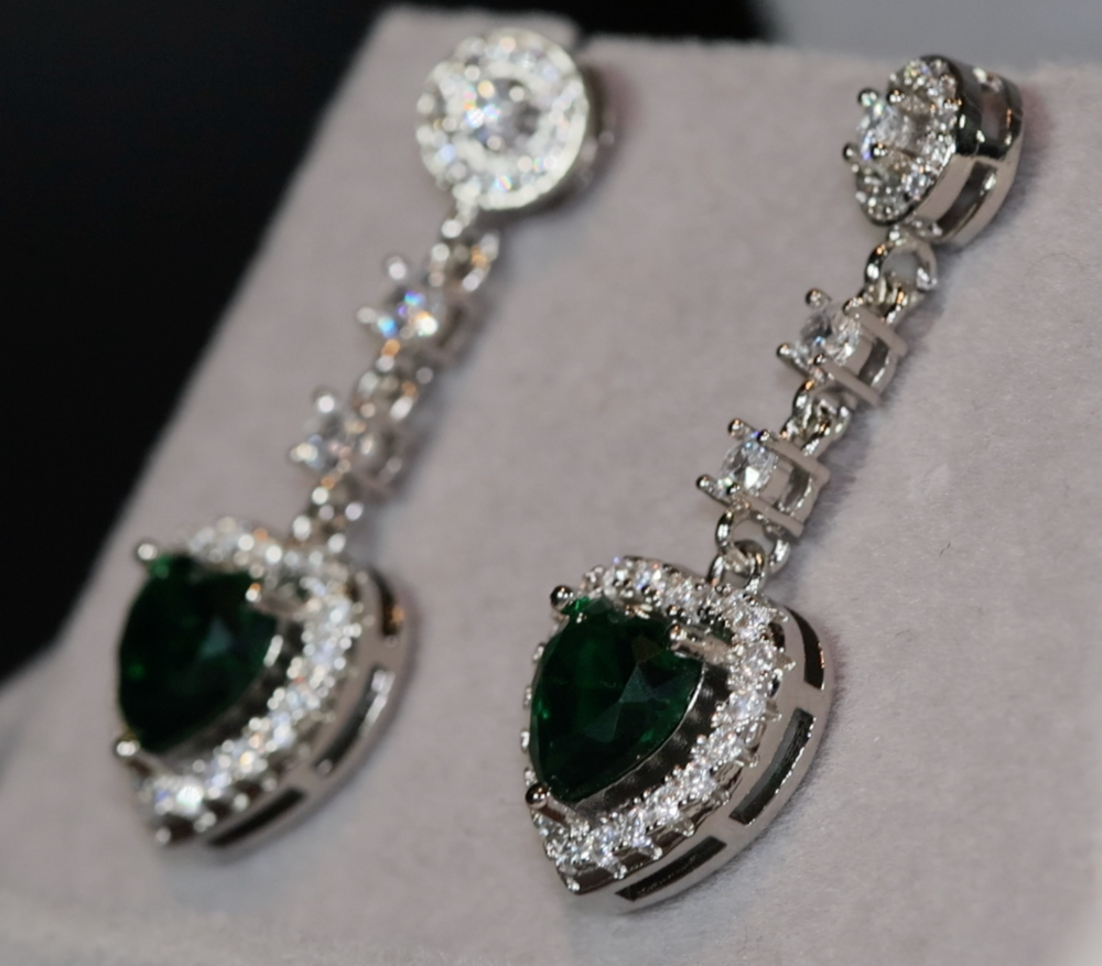 Green Diamond Earrings | Green Diamond Heart Earrings | Emerald Diamond Earrings | Heart Earrings | Womens Diamond Heart Earrings