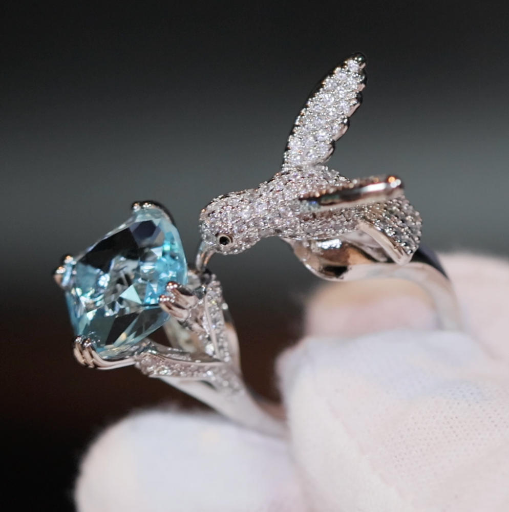 Diamond Bird Ring | Aquamarine Engagement Ring | Blue Diamond Ring | Womens Blue Gemstone Ring