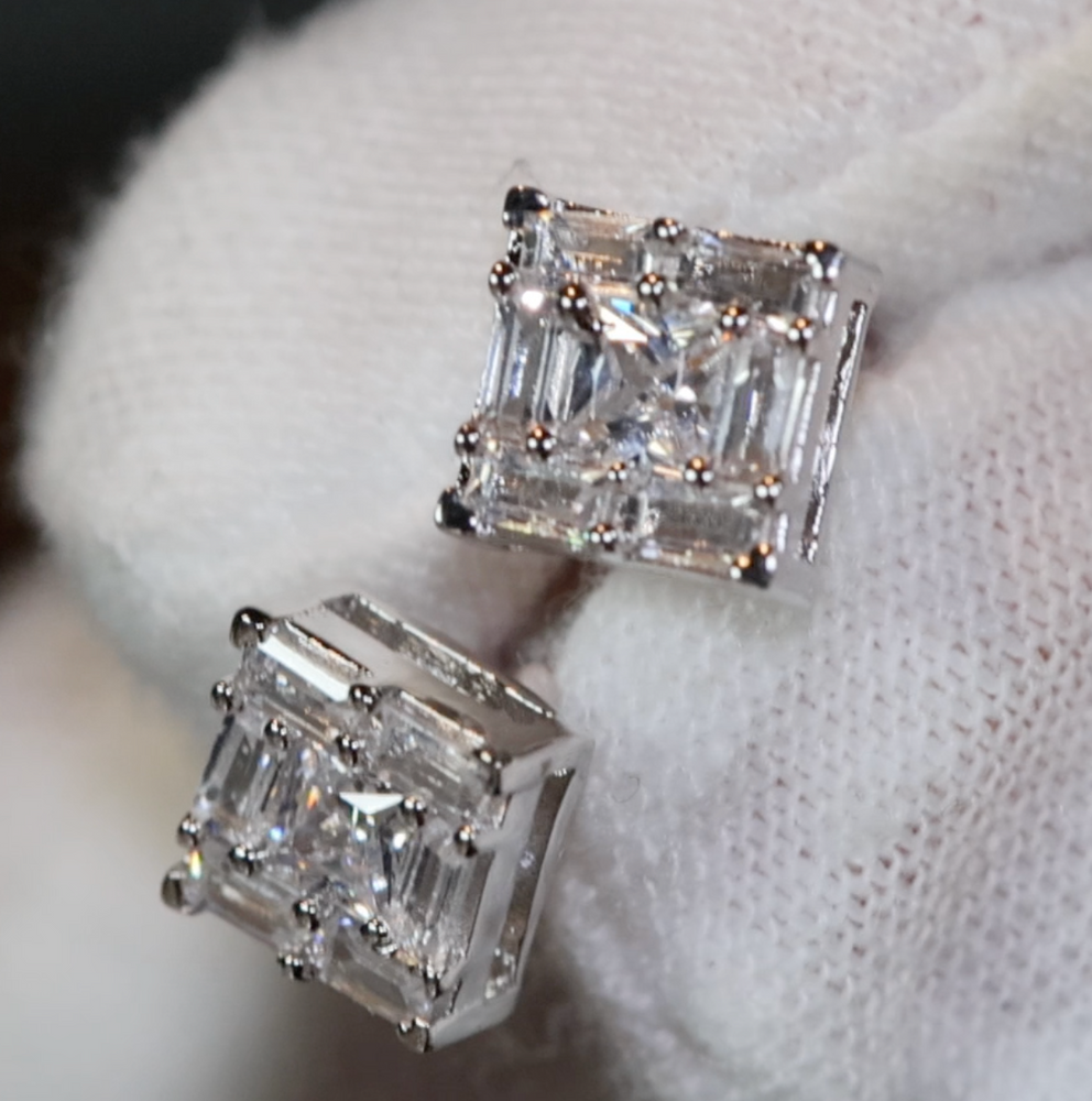 mens baguette diamond ear studs