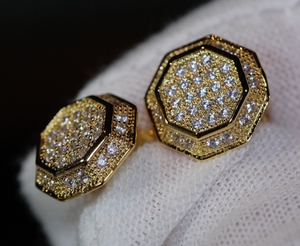 Octagon Diamond Ear Studs | Iced Out Ear Studs | Gold Diamond Ear Studs