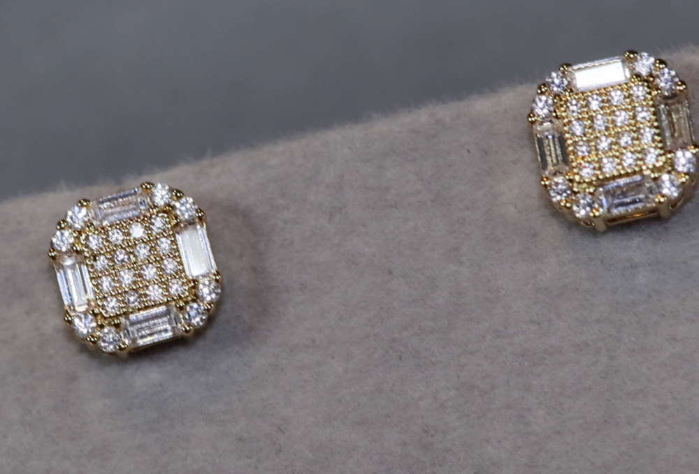 Gold Diamond Ear Studs | Gold Iced Out Ear Studs | Gold Baguette Cut Diamond Ear Studs