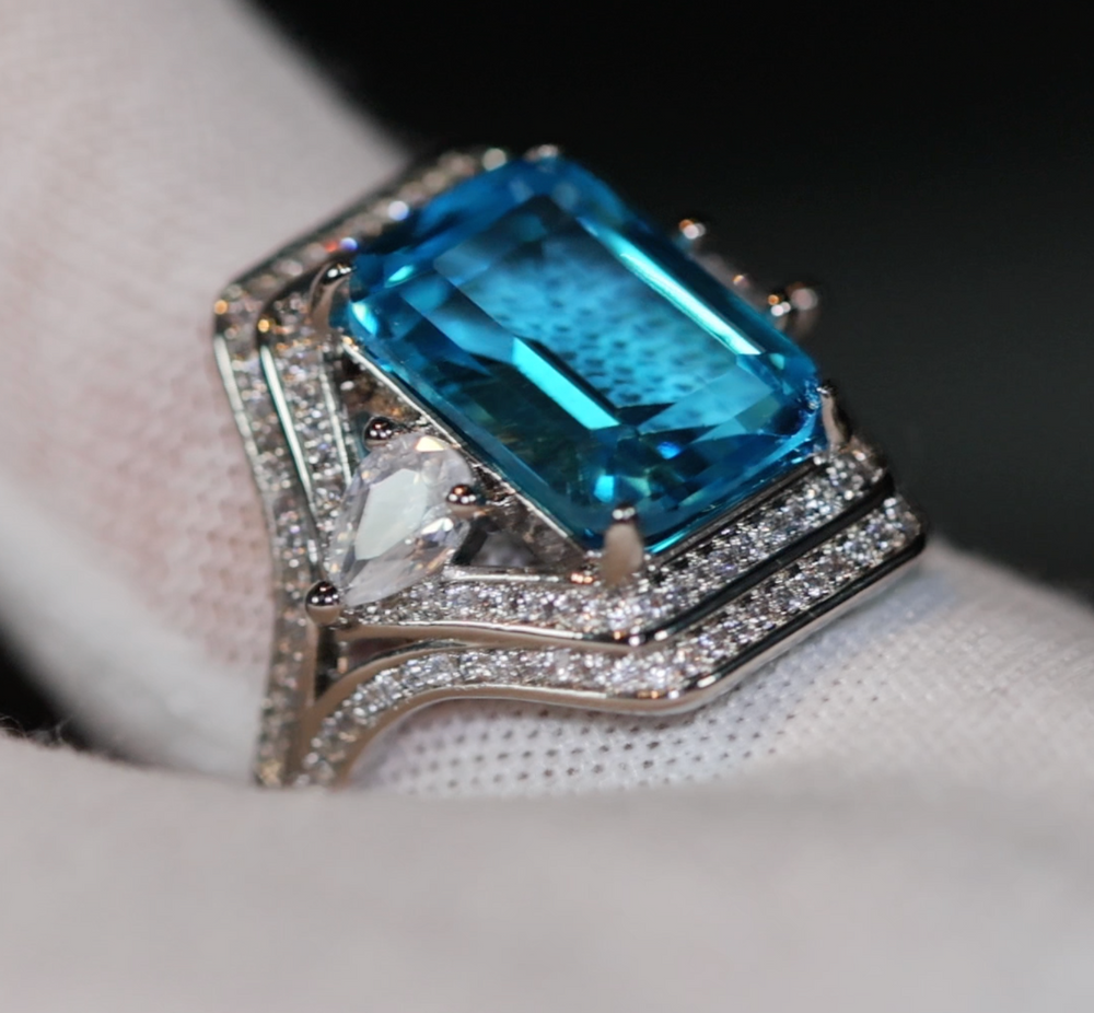 Aquamarine Blue Emerald Diamond Ring