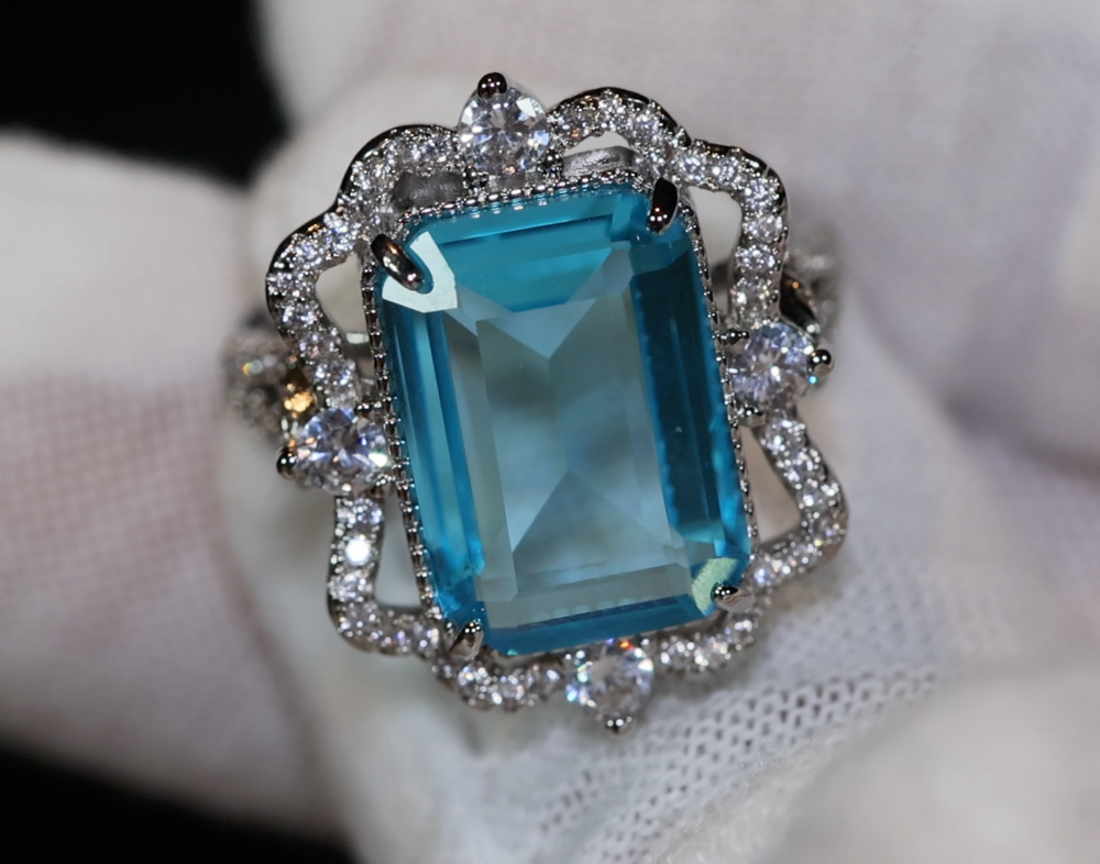 Aquamarine Blue Emerald Diamond Ring