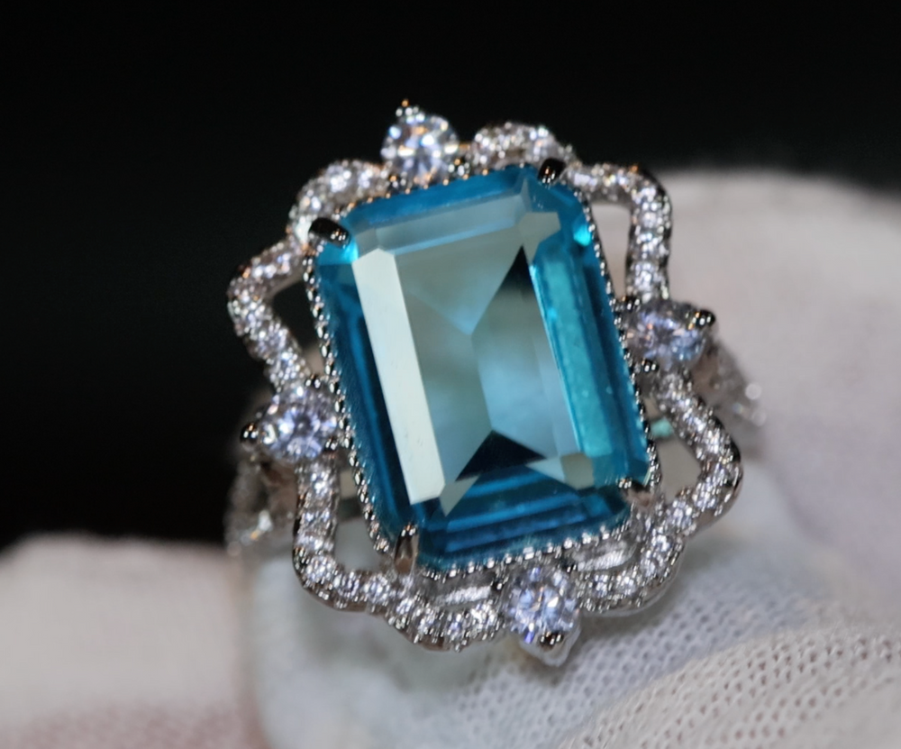 Aquamarine Blue Emerald Diamond Ring