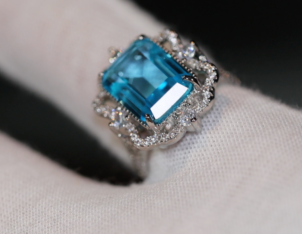 Aquamarine Blue Emerald Diamond Ring