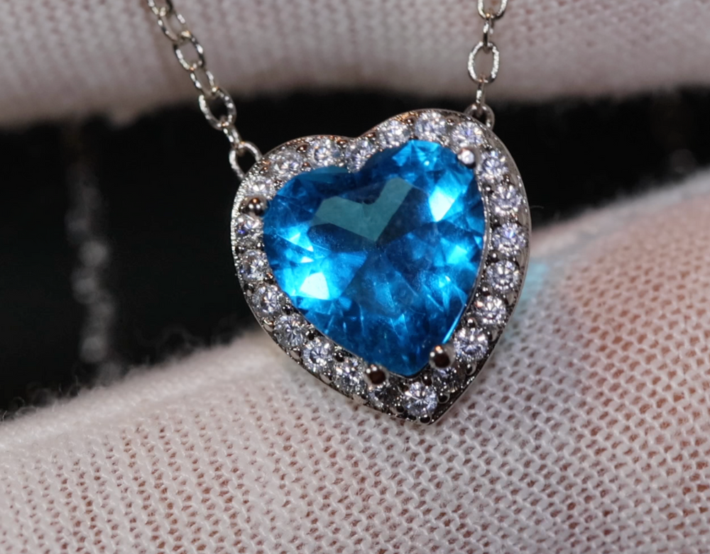 Aquamarine Blue Diamond Heart Necklace | Blue Diamond Pendant  | Heart Necklace