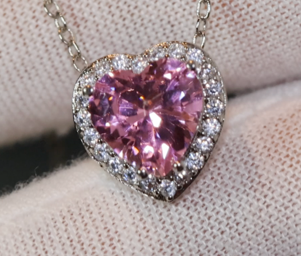 Pink Diamond Heart Necklace | Heart Necklace with Diamonds | Diamond Heart Pendant  | Pink Diamond Necklace