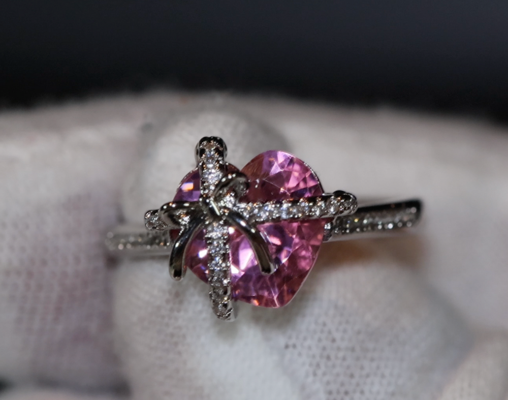 Heart Ring | Pink Diamond Ring | Heart Shape Ring | Ribbon Ring | Diamond Heart Ring | Heart Ring with Diamonds | Engagement Ring | Bow Ring