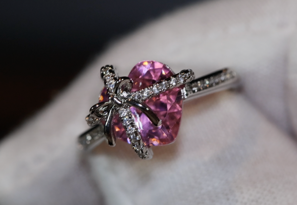 Heart Ring | Pink Diamond Ring | Heart Shape Ring | Ribbon Ring | Diamond Heart Ring | Heart Ring with Diamonds | Engagement Ring | Bow Ring