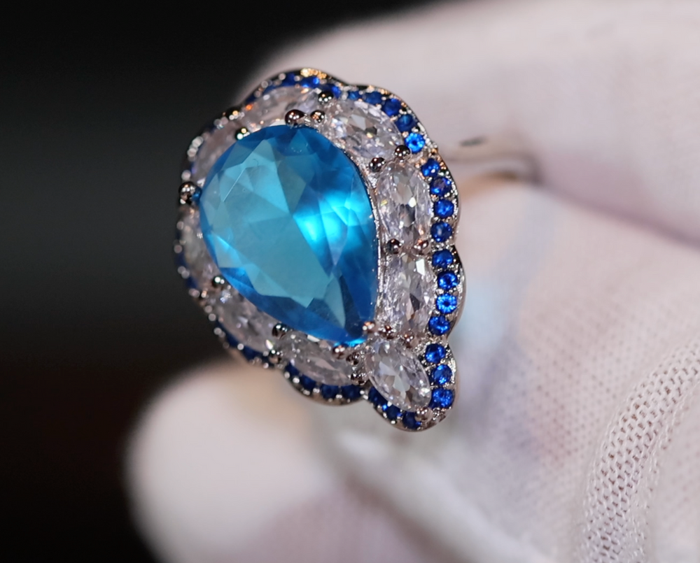 Aquamarine Blue Diamond Ring | Blue Pear Cut Diamond Ring