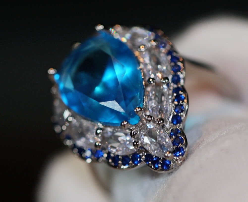 Aquamarine Blue Diamond Ring | Blue Pear Cut Diamond Ring
