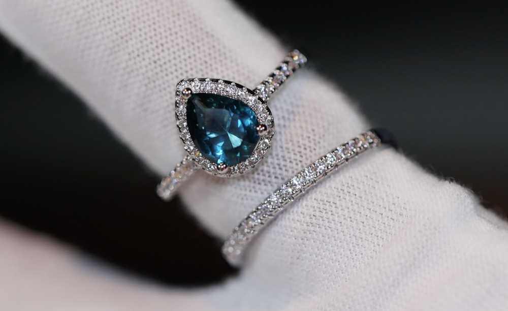 Blue Wedding Ring | Blue Diamond Wedding Ring Set | Teardrop Ring | Pear Cut Ring | Blue Diamond Ring | Blue Engagement Ring | Wedding Ring