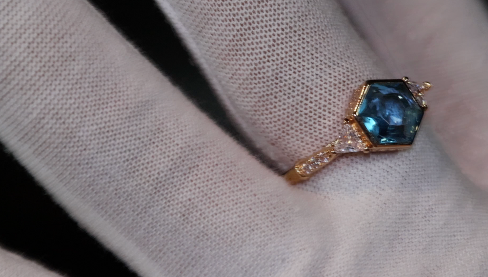 Teal Blue Diamond Ring | Blue Hexagon Diamond Ring