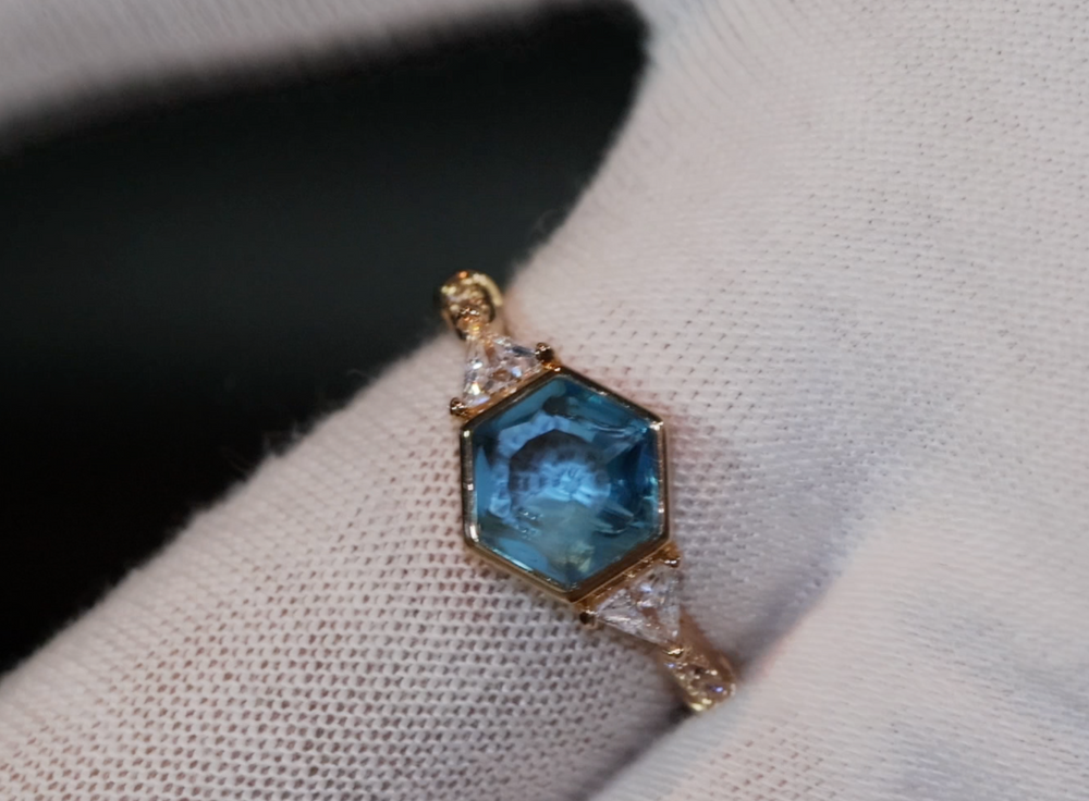 Teal Blue Diamond Ring | Blue Hexagon Diamond Ring