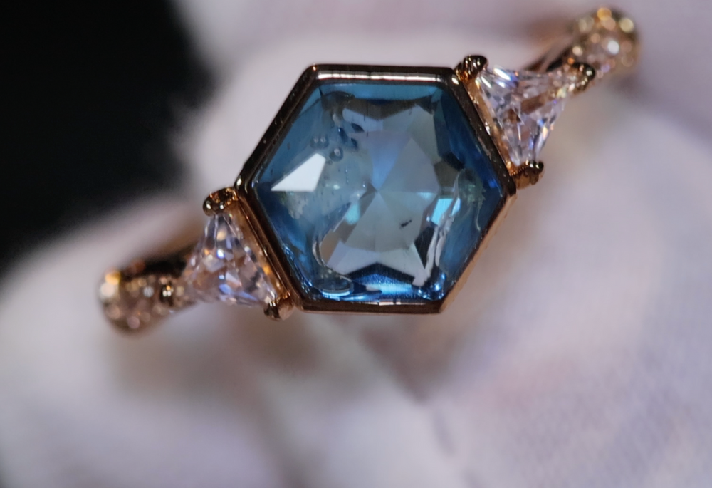 Teal Blue Diamond Ring | Blue Hexagon Diamond Ring