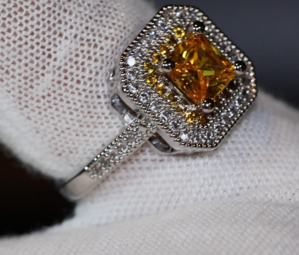 
            
                Load image into Gallery viewer, Yellow Diamond Ring | Yellow Diamond Engagement Rings | Canary Yellow Diamond Ring | Baguette Ring | Womens Engagement Ring | Halo Ring
            
        