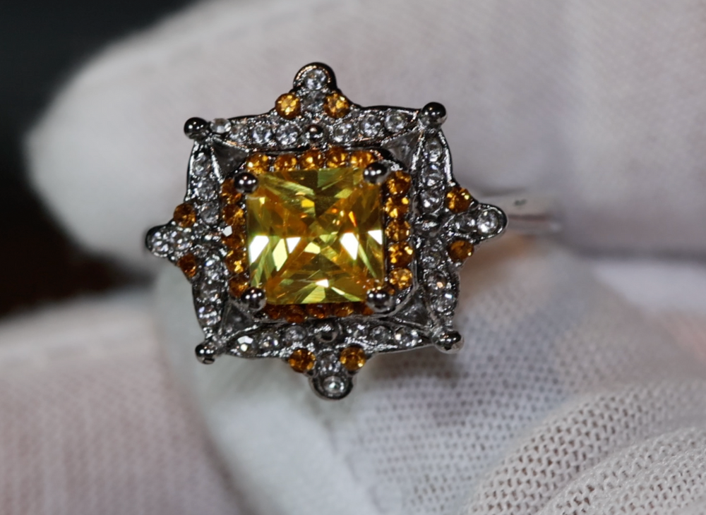 Yellow Diamond Ring | Yellow Diamond Engagement Rings | Princess Cut Diamond Ring | Baguette Ring | Womens Engagement Ring | Yellow Ring