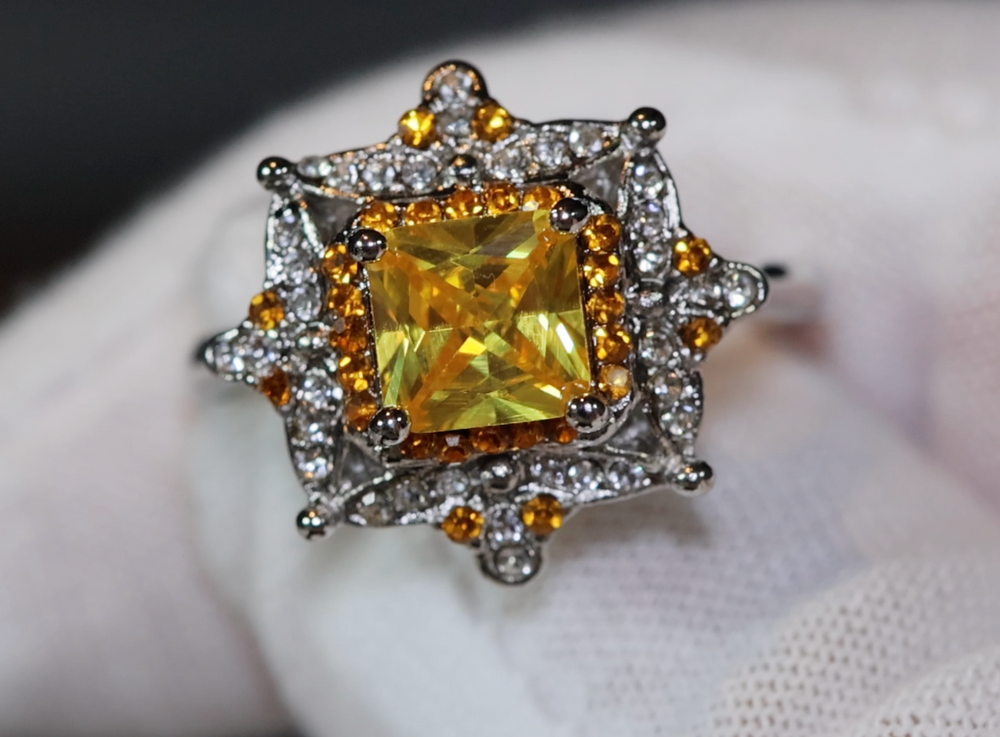 Yellow Diamond Ring | Yellow Diamond Engagement Rings | Princess Cut Diamond Ring | Baguette Ring | Womens Engagement Ring | Yellow Ring