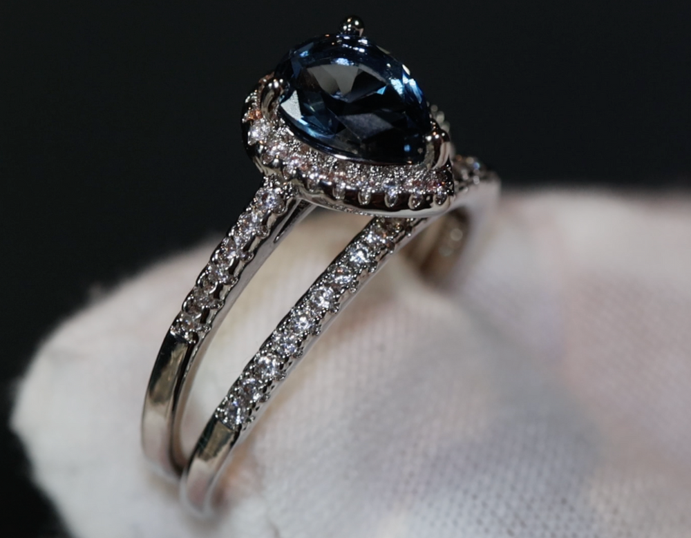 Teal Blue Diamond Ring | Blue Diamond Wedding Ring Set |  Pear Shape Ring | Teardrop Ring