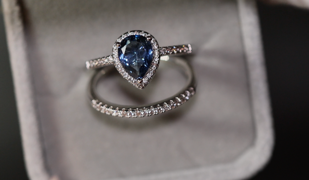 Teal Blue Diamond Ring | Blue Diamond Wedding Ring Set |  Pear Shape Ring | Teardrop Ring