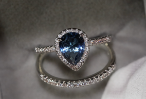 Teal Blue Diamond Ring | Blue Diamond Wedding Ring Set |  Pear Shape Ring | Teardrop Ring