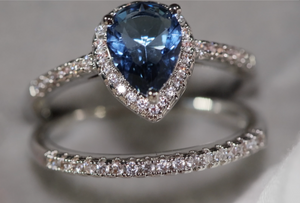 Teal Blue Diamond Ring | Blue Diamond Wedding Ring Set |  Pear Shape Ring | Teardrop Ring