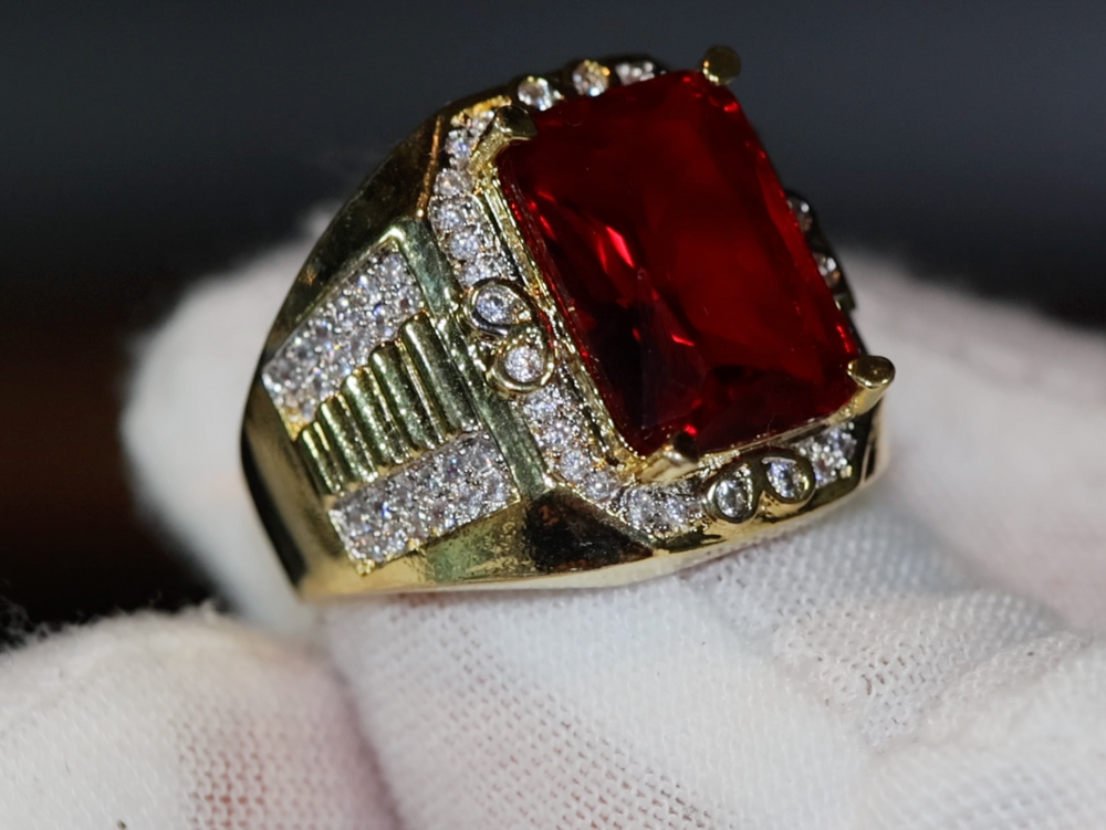 
            
                Load image into Gallery viewer, Big Iced Out Ring | Big Gold Diamond Ring | Ruby Ring | Mens Ruby Diamond Ring
            
        