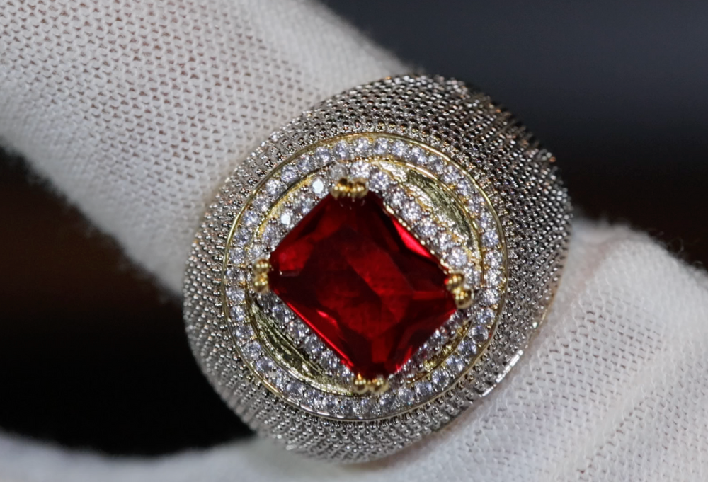 Iced Red Ruby Big Iced Out Ring | Big Gold Diamond Ring | Ruby Ring | Ruby Diamond ...