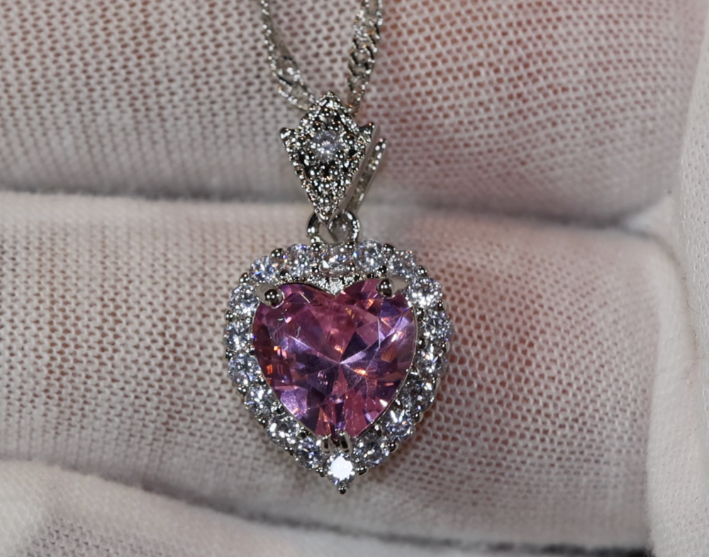 Pink Diamond Heart Necklace | Heart Necklace with Diamonds | Diamond Heart Pendant  | Pink Diamond Necklace