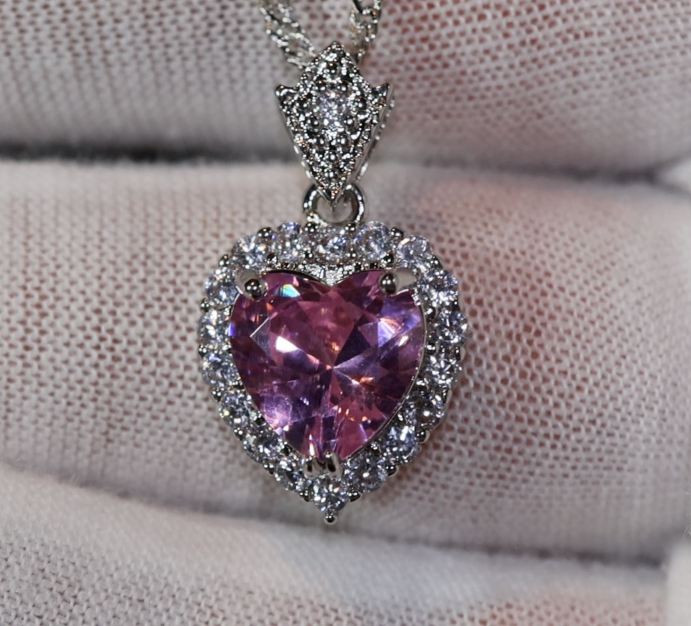 Pink Diamond Heart Necklace | Heart Necklace with Diamonds | Diamond Heart Pendant  | Pink Diamond Necklace