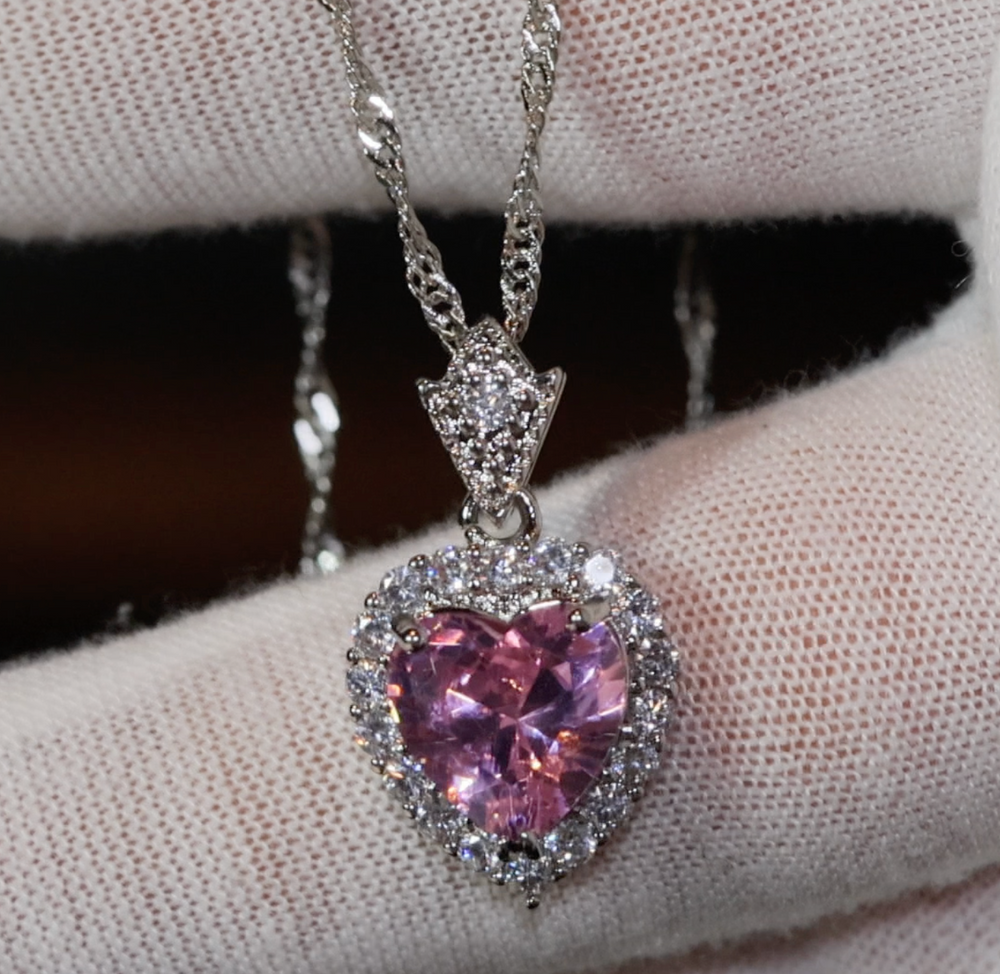 Pink Diamond Heart Necklace | Heart Necklace with Diamonds | Diamond Heart Pendant  | Pink Diamond Necklace