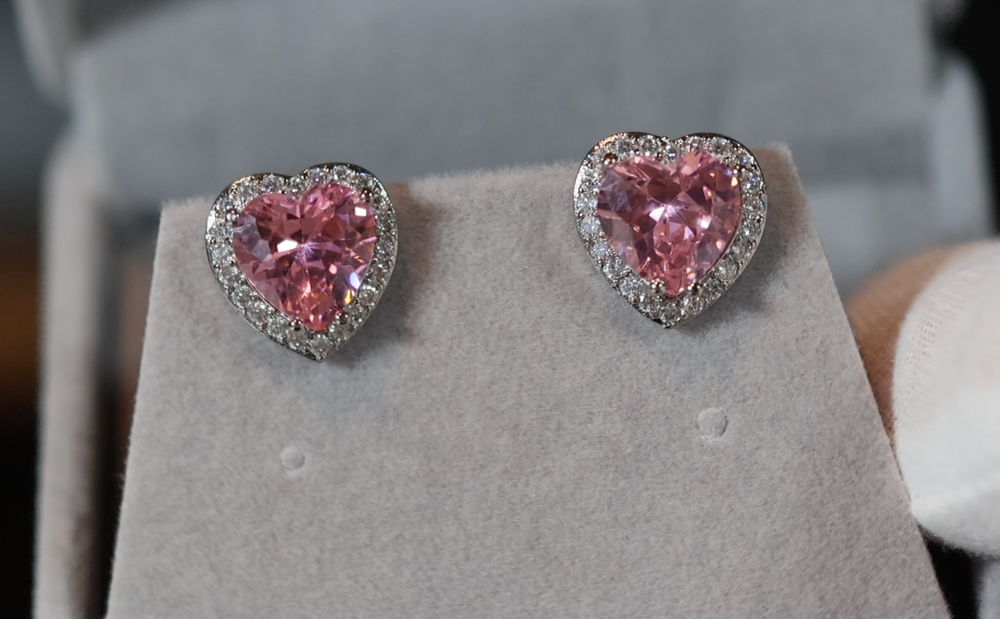 Pink Diamond Earrings | Heart Earrings | Heart Earrings with Diamonds | Diamond Heart Shape Earrings