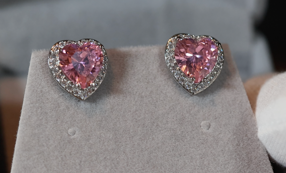 Pink Diamond Earrings | Heart Earrings | Heart Earrings with Diamonds | Diamond Heart Shape Earrings