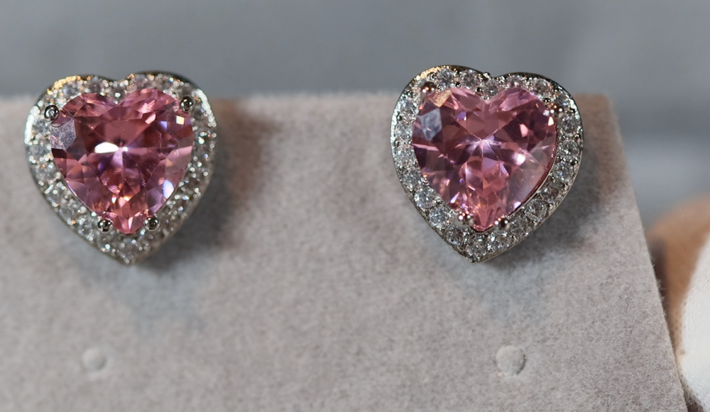 Pink Diamond Earrings | Heart Earrings | Heart Earrings with Diamonds | Diamond Heart Shape Earrings