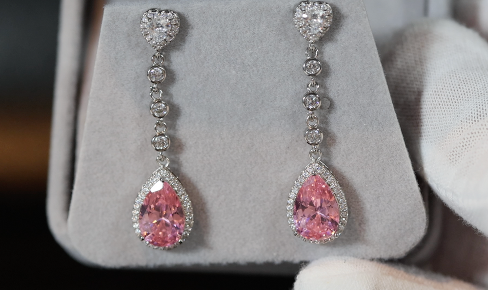 
            
                Load image into Gallery viewer, Pink Diamond Earrings | Classy Diamond Earrings | Pink Pear Cut Diamond Earrings
            
        