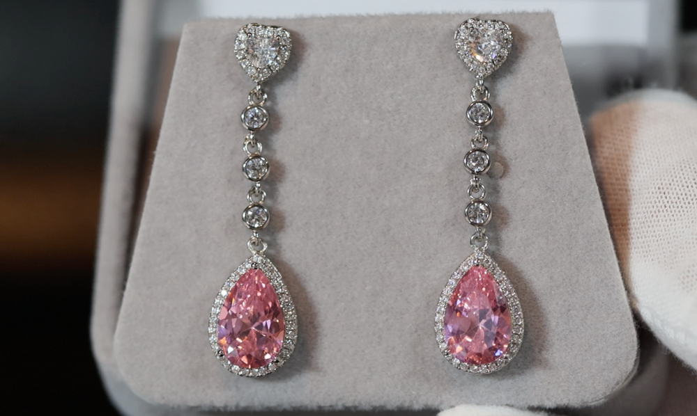 
            
                Load image into Gallery viewer, Pink Diamond Earrings | Classy Diamond Earrings | Pink Pear Cut Diamond Earrings
            
        