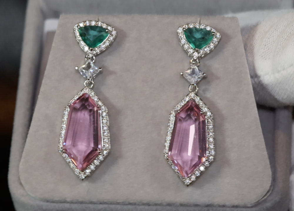 Pink Diamond Earrings | Green Diamond Earrings | Womens Earrings | Halo Earrings | Dangle Earrings | Summer Earrings | Pink Earrings