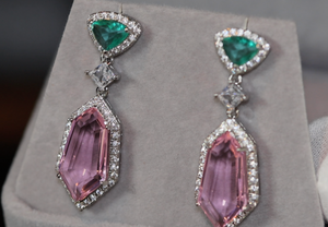 Pink Diamond Earrings | Green Diamond Earrings | Womens Earrings | Halo Earrings | Dangle Earrings | Summer Earrings | Pink Earrings