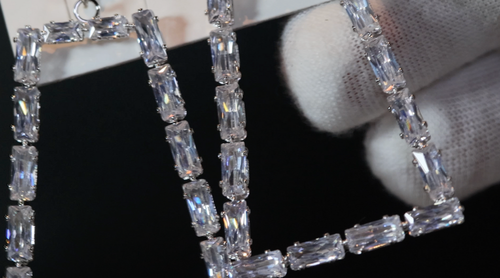 Diamond Hoop Earrings | Hoop Earrings | Womens Baguette Diamond Earrings | Silver Hoop Earrings with Diamonds | Baguette Hoop Earrings