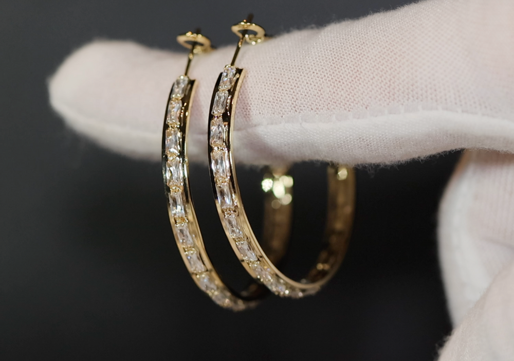 Big Gold Hoop Earrings | Diamond Hoop Earrings | Baguette Hoop Earrings | Womens Big Hoop Earrings