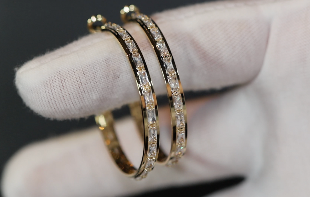 Big Gold Hoop Earrings | Diamond Hoop Earrings | Baguette Hoop Earrings | Womens Big Hoop Earrings