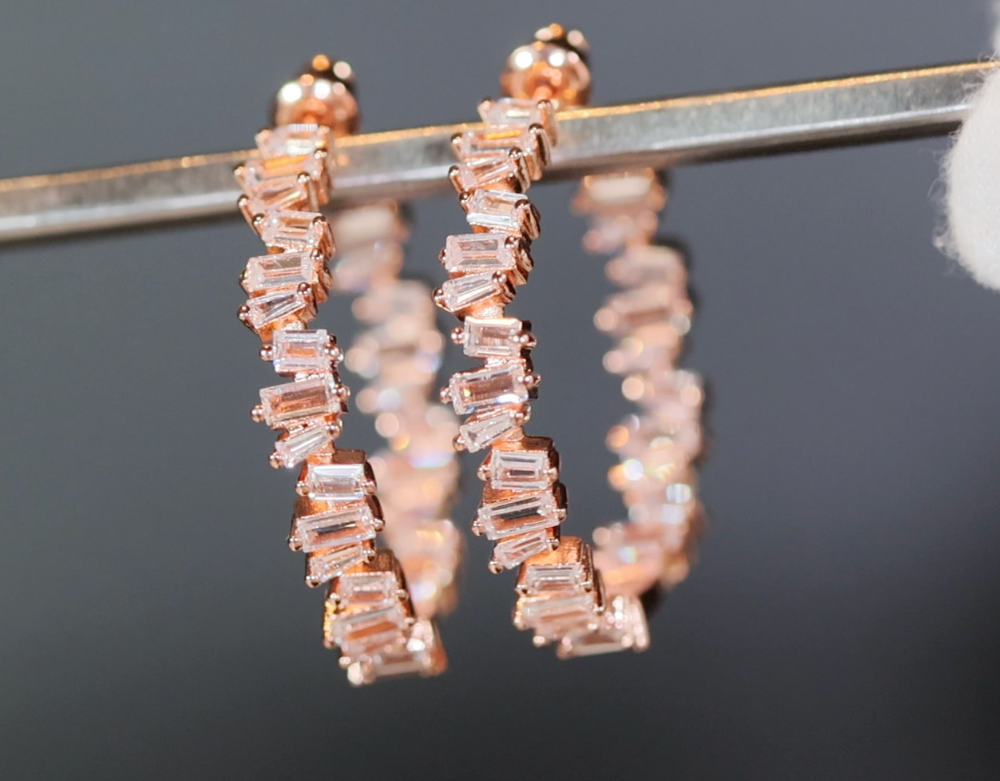 Rose Gold Baguette Earrings | Rose gold diamond hoop earrings | Big Hoop Earrings