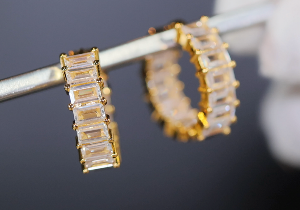 Gold Diamond Hoop Earrings | Womens Small Diamond Earrings | Baguette Earrings